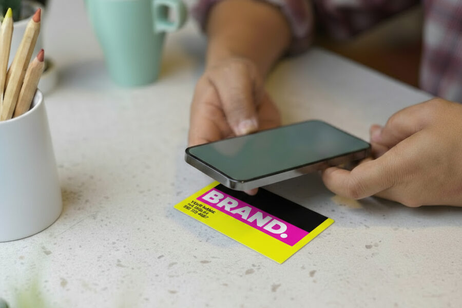Tarjeta de visita NFC. Profesional usando tarjeta de visita NFC para compartir contacto en smartphone, ejemplo de tecnología NFC en marketing digital