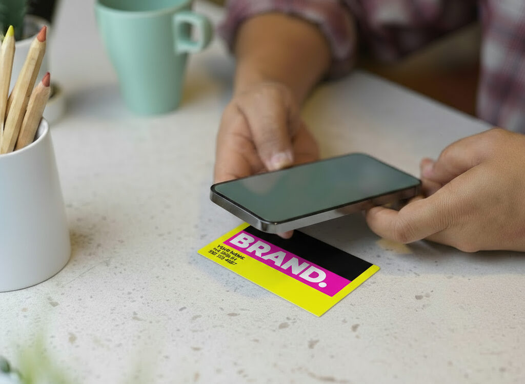 Tarjeta de visita NFC. Profesional usando tarjeta de visita NFC para compartir contacto en smartphone, ejemplo de tecnología NFC en marketing digital