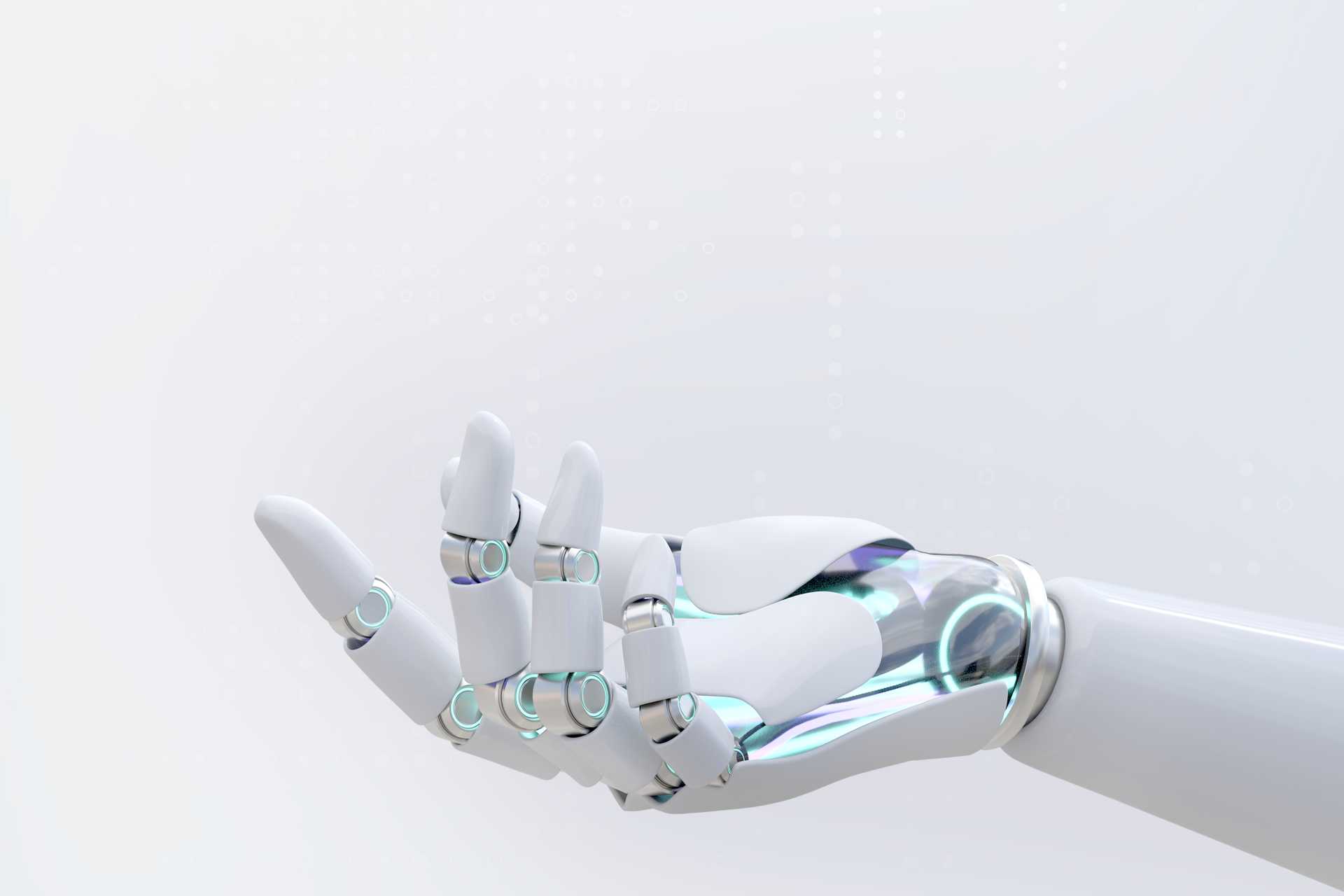 Mano de robot blanca con destellos azules sobre fondo blanco